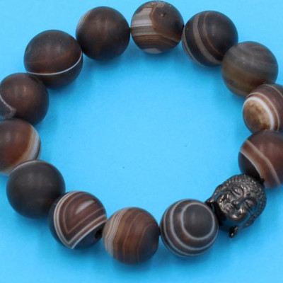 Vòng tay chuỗi hạt - mã não nâu sọc 14 ly - cẩn hạt Như Lai Inox đen VMNNSMNLE14 - hợp mệnh Kim, mệnh Thổ