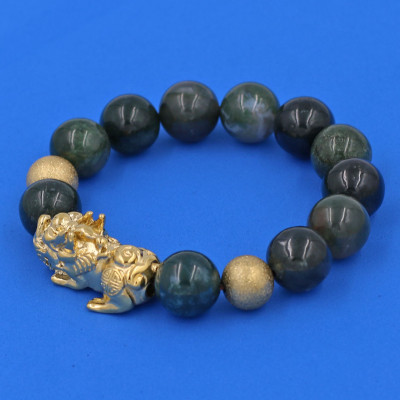 Vòng chuỗi đeo tay đá cẩm thạch xanh đậm 14 ly ( size lớn ) charm tỳ hưu và bi inox, vòng tay chuỗi hạt