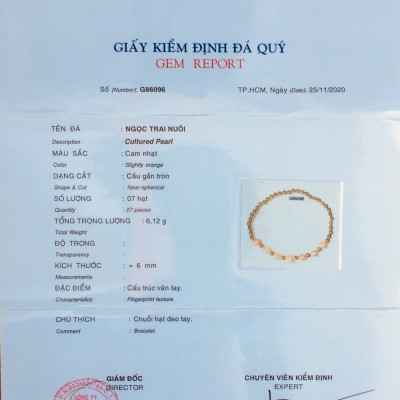 Combo Lắc tay Ngọc Trai Nuôi cấy tự nhiên, cấu trúc vân tay, đính hạt Châu mạ vàng 18K, Màu Cam Nhạt, Hạt Trai 6li, kèm Bản PHOTOCOPY Giấy KIỂM/ GIÁM ĐỊNH, hộp Lót Nhung Gấm