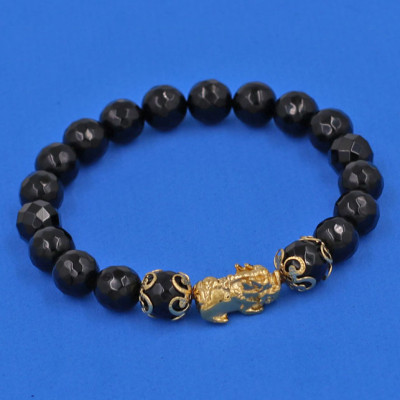 Vòng tay Thạch Anh Đen Cắt Giác 8 ly - cẩn Tỳ Hưu Phong Thủy inox vàng VTAEGTHHKV8 - hợp mệnh Mộc, mệnh Thủy