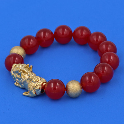 Vòng chuỗi đeo tay đá thạch anh đỏ 14 ly ( size lớn ) charm tỳ hưu và bi inox vàng, vòng tay chuỗi hạt