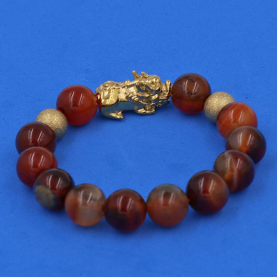 Vòng đeo tay Thạch Anh Nâu 12 ly - cẩn Tỳ Hưu Phong Thủy inox vàng VTANTHHBV12 - hợp mệnh Thổ, mệnh Mộc