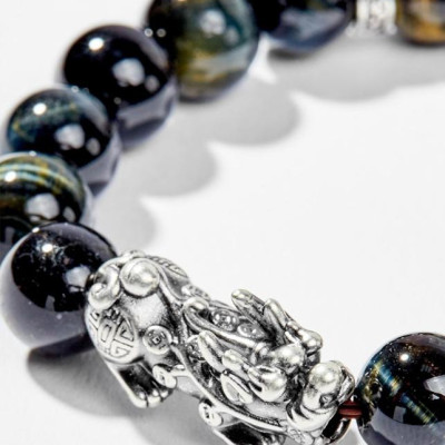 Vòng Tay Phong Thủy Nam Đá Mắt Hổ Xanh Đen Phối Charm Tỳ Hưu Bạc (10mm) Mệnh Thủy, Mộc Ngọc Quý Gemstones