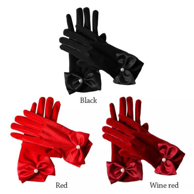 Găng tay chất liệu nhung đính nơ ngọc trai màu đỏ tươi cho Cô dâu và Dạ hội, đi tiệc, sự kiện, đạo cụ cosplay, chụp ảnh, studio MS: 45451