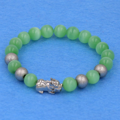 Chuỗi đeo tay đá mắt mèo xanh lá 8 ly - cẩn Tỳ Hưu inox bạc VMEXLTHTB8 - hợp mệnh Mộc, mệnh Hỏa