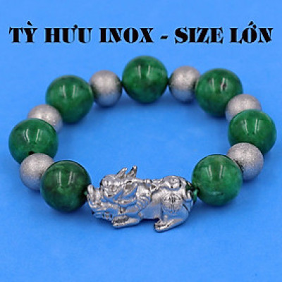 Vòng chuỗi đeo tay đá cẩm thạch đông ninh 14 ly ( size lớn ) charm tỳ hưu và bi inox, vòng tay chuỗi hạt