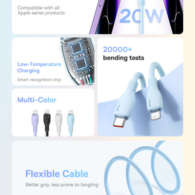 Cáp sạc nhanh, truyền dữ liệu PD 20W, Ba-se-us Pudding Series Fast Charging Cable Type C to Lai-nin PD 20W - Hàng chính hãng