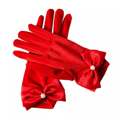 Găng tay chất liệu nhung đính nơ ngọc trai màu đỏ tươi cho Cô dâu và Dạ hội, đi tiệc, sự kiện, đạo cụ cosplay, chụp ảnh, studio MS: 45451