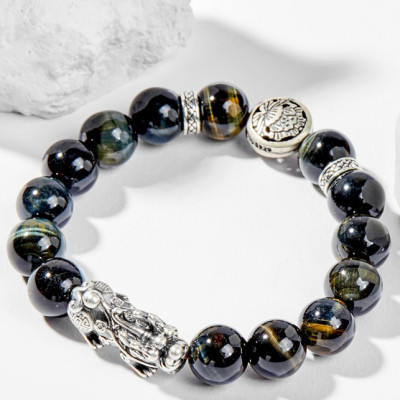 Vòng Tay Phong Thủy Nam Đá Mắt Hổ Xanh Đen Phối Charm Tỳ Hưu Bạc (10mm) Mệnh Thủy, Mộc Ngọc Quý Gemstones