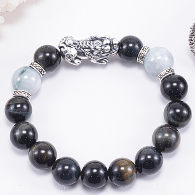 Vòng Tay Phong Thủy Nam Đá Mắt Hổ Xanh Đen Mix Đá Cẩm Thạch Phỉ Thúy Phối Charm Tỳ Hưu Bạc (12mm) Mệnh Thủy, Mộc Ngọc Quý Gemstones