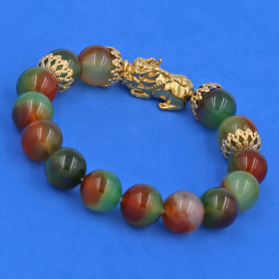 Vòng tay Thạch Anh Xanh Nâu 12 ly Tỳ Hưu Phong Thủy Chiêu Tài Lộc inox vàng VTAXNTHBKV12  