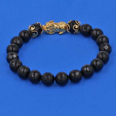 Vòng tay Thạch Anh Đen Cắt Giác 8 ly - cẩn Tỳ Hưu Phong Thủy inox vàng VTAEGTHHKV8 - hợp mệnh Mộc, mệnh Thủy