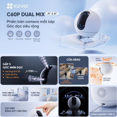 Camera WIFI EZVIZ C60P Dual Mix 2 Mắt Kép Góc Nhìn Siêu Rộng Xoay 360 Độ Đàm Thoại 2 Chiều Theo Dõi Chuyển Động - hàng chính hãng