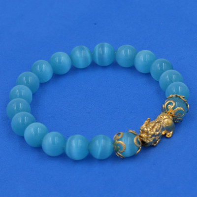 Vòng đeo tay Đá Mắt Mèo Xanh Biển 8 ly - cẩn Tỳ Hưu Phong Thủy inox vàng VMEXBTHHKV8 - hợp mệnh Thủy, mệnh Mộc