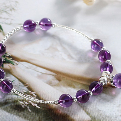 Vòng tay đá thạch anh tím phối charm bi bạc mệnh hỏa, thổ - Ngọc Quý Gemstones