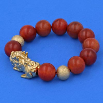 Vòng chuỗi đeo tay gỗ đỏ 15 ly ( size lớn ) charm tỳ hưu và bi inox, vòng tay chuỗi hạt