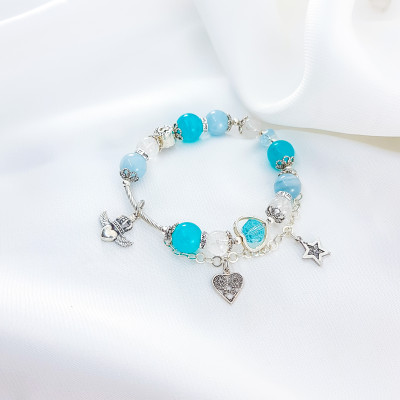Vòng Tay Mệnh Thủy, Mộc Đá Thạch Anh Ưu Linh Trắng Mix Aquamarine+ Charm Sao, Tim