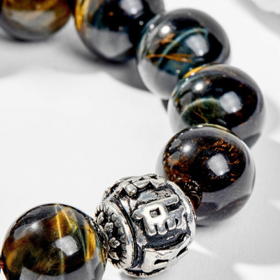 Vòng Tay Phong Thủy Nam Đá Mắt Hổ Xanh Đen Phối Charm Bạc (16mm) Mệnh Thủy, Mộc Ngọc Quý Gemstones