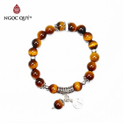 Vòng tay đá mắt hổ vàng nâu charm 12 cung hoàng đạo bạc size hạt 8mm - Ngọc Quý Gemstones