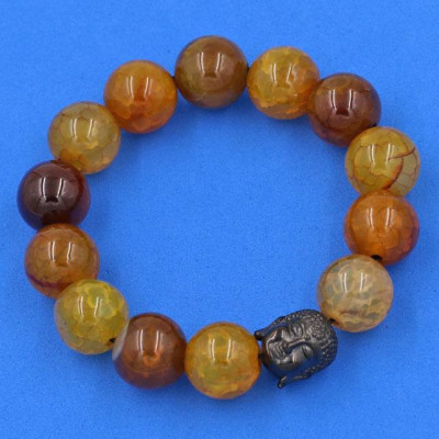 Vòng đeo tay đá vân rồng nâu 14 ly cẩn hạt Phật A Di Đà inox đen VVRNLE14 - hợp mệnh Kim, mệnh Mộc