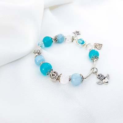 Vòng Tay Mệnh Thủy, Mộc Đá Thạch Anh Ưu Linh Trắng Mix Aquamarine+ Charm Sao, Tim