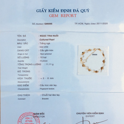 Vòng Tay Ngọc Trai Thật, Phối bánh xe mạ vàng 18K, Kèm bản Photocopy giấy kiểm định tại SJC