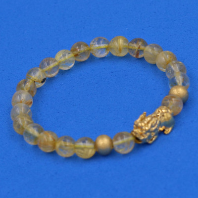 Vòng đeo tay Thạch Anh Tóc vàng 6 ly cẩn Tỳ Hưu inox vàng VTATVTHHBV6 - hợp mệnh Kim, mệnh Thổ 