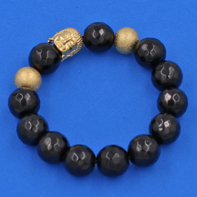 Vòng tay Thạch Anh Đen Cắt Giác 14 ly - Vòng tay Phật A Di Đà inox vàng VTAEGNLVHB14 - hợp mệnh Mộc, mệnh Thủy - Vòng đeo tay size lớn