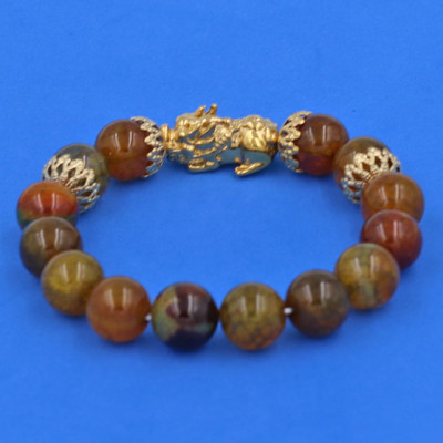 Vòng tay Đá Vân Rồng 12 ly -  Tỳ Hưu Phong Thủy inox vàng VVRTHBKV12