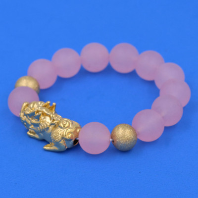 Vòng chuỗi đeo tay đá thạch anh hồng phấn mờ 14 ly ( size lớn ) charm tỳ hưu và bi inox vàng, vòng tay chuỗi hạt