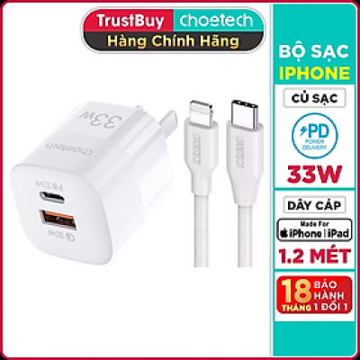 Adapter Củ Sạc 33W PPS/ PD 30W / QC 3.0 1 Cổng Type C 1 Cổng USB Nhỏ Gọn CHOETECH PD5006 Sạc Nhanh iPhone, iPad, Samsung - Hàng Chính Hãng