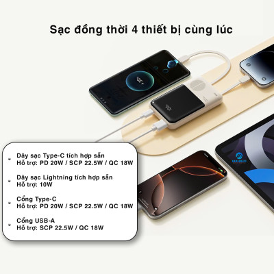 Pin dự phòng sạc nhanh ROCK P99 PD 22.5W 20000mAh có cáp tích hợp , hàng chính hãng bảo hành 1 năm