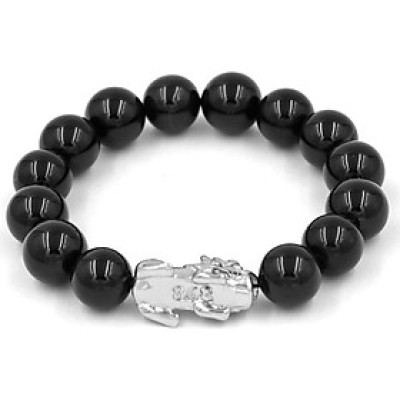 Vòng tay chuỗi hạt đá thạch anh đen 12 ly - cẩn Tỳ Hưu inox VTAETHT12 - hợp mệnh Thủy, mệnh Mộc
