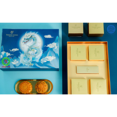 Hộp bánh trung thu cao cấp tráng gương 4 bánh 2 trứng 220g - Long Hưng - Thành Long 880g - Tặng 1 hộp trà - Việt Nam