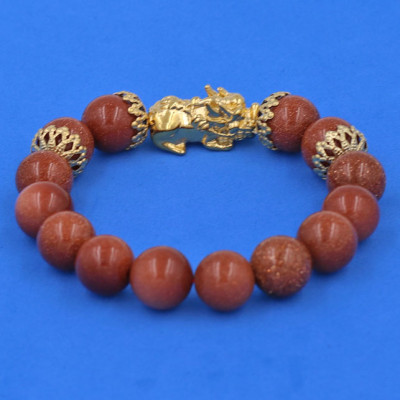 Chuỗi đeo tay Đá Kim Sa 12 ly - cẩn Tỳ Hưu Phong Thủy inox vàng Chiêu Tài Lộc VKSTHBKV12 - Vòng tay, lắc tay phong thủy