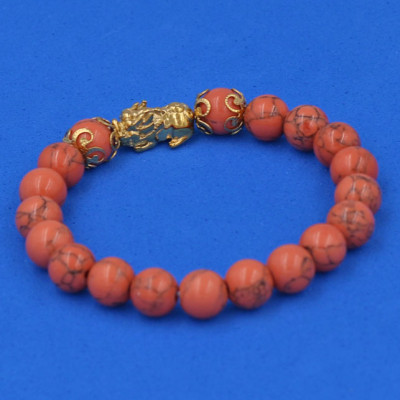 Vòng tay chuỗi hạt San Hô Cam Sọc 8 ly - cẩn Tỳ Hưu Phong Thủy inox vàng VSHCSTHHKV8 - hợp mệnh Hỏa, mệnh Thổ