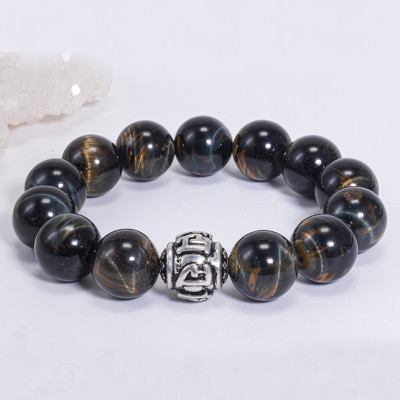 Vòng Tay Phong Thủy Nam Đá Mắt Hổ Xanh Đen Phối Charm Bạc (16mm) Mệnh Thủy, Mộc Ngọc Quý Gemstones