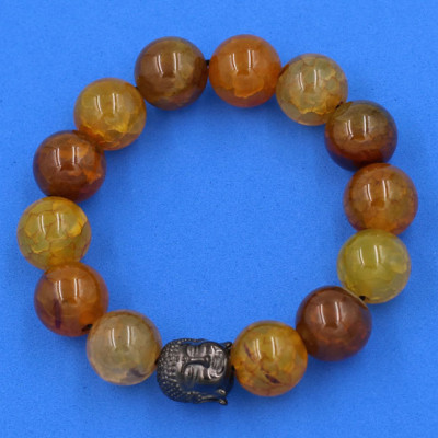 Vòng đeo tay đá vân rồng nâu 14 ly cẩn hạt Phật A Di Đà inox đen VVRNLE14 - hợp mệnh Kim, mệnh Mộc