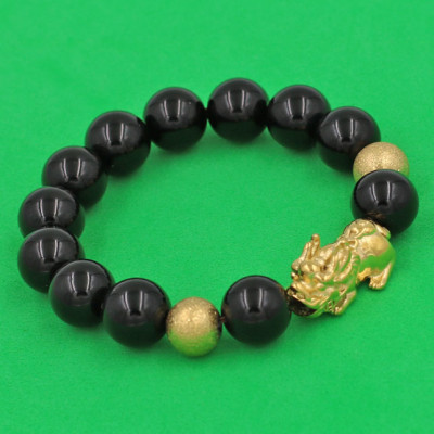 Vòng tay chuỗi hạt Tỳ Hưu inox vàng Thạch Anh Đen 12 ly TH1 - hợp mệnh Mộc, mệnh Thủy
