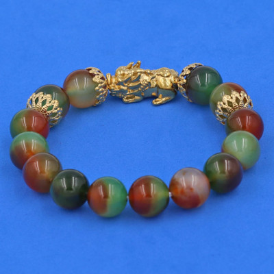 Vòng tay Thạch Anh Xanh Nâu 12 ly Tỳ Hưu Phong Thủy Chiêu Tài Lộc inox vàng VTAXNTHBKV12  