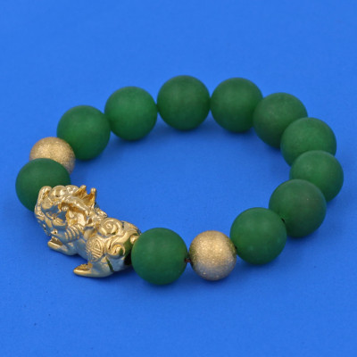 Vòng chuỗi đeo tay mã não xanh lá mờ 14 ly ( size lớn ) charm tỳ hưu và bi inox vàng, vòng tay chuỗi hạt