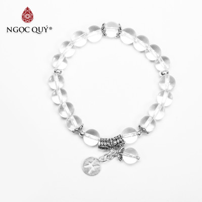 Vòng tay đá thạch anh trắng charm 12 cung hoàng bạc  đạo size hạt 8mm - Ngọc Quý Gemstones