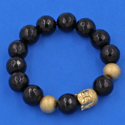 Vòng tay Thạch Anh Đen Cắt Giác 14 ly - Vòng tay Phật A Di Đà inox vàng VTAEGNLVHB14 - hợp mệnh Mộc, mệnh Thủy - Vòng đeo tay size lớn