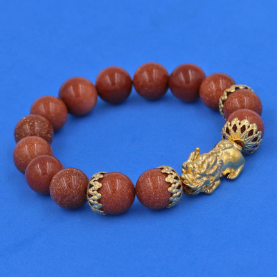 Chuỗi đeo tay Đá Kim Sa 12 ly - cẩn Tỳ Hưu Phong Thủy inox vàng Chiêu Tài Lộc VKSTHBKV12 - Vòng tay, lắc tay phong thủy