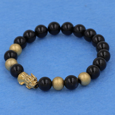 Vòng tay thạch anh đen 8 ly - cẩn Tỳ Hưu inox vàng VTAETHVB8 + hộp nhung - hợp mệnh Thủy, mệnh Mộc