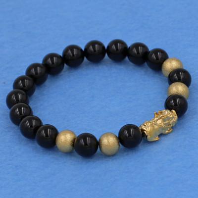 Vòng tay thạch anh đen 8 ly - cẩn Tỳ Hưu inox vàng VTAETHVB8 + hộp nhung - hợp mệnh Thủy, mệnh Mộc