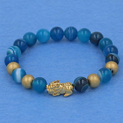 Vòng tay thạch anh xanh dương sọc 8 ly - cẩn Tỳ Hưu inox vàng VTAXDSTHVB8 - hợp mệnh Mộc, mệnh Thủy