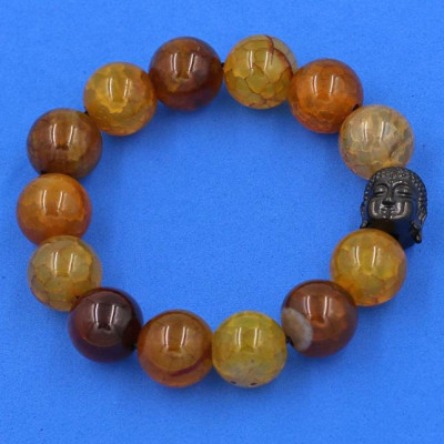 Vòng đeo tay đá vân rồng nâu 14 ly cẩn hạt Phật A Di Đà inox đen VVRNLE14 - hợp mệnh Kim, mệnh Mộc