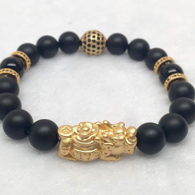 Vòng Đá Obsidian Bóng Mix Tỳ Hưu Mạ Vàng