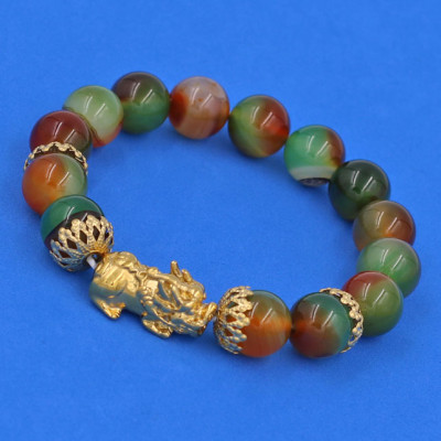 Vòng tay Thạch Anh Xanh Nâu 12 ly Tỳ Hưu Phong Thủy Chiêu Tài Lộc inox vàng VTAXNTHBKV12  